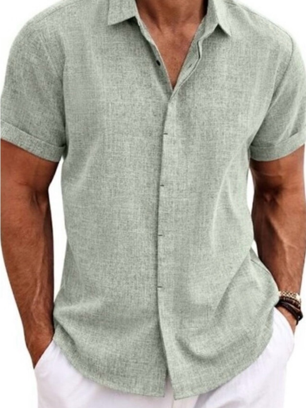 Coofandy Light Sage Green Rayon Linen Blend SS Button Down Shirt L